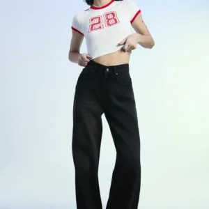 Black Washed High Rise Non Stretch Wide Leg Full Length Jeans