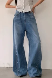 Blue Mid Rise Wide Leg Jeans